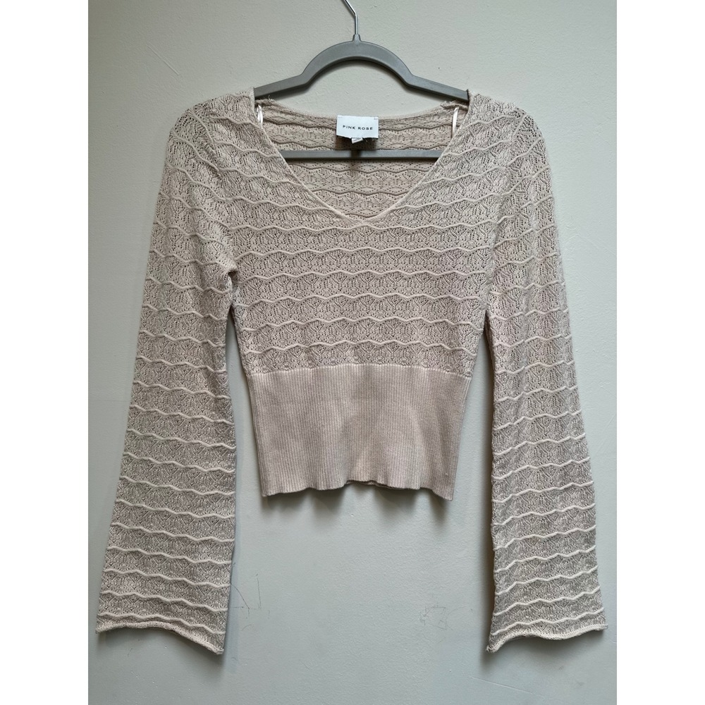 Pink Rose Sweater Bell Sleeves Pointelle Wave Pattern Feminine Girlcore